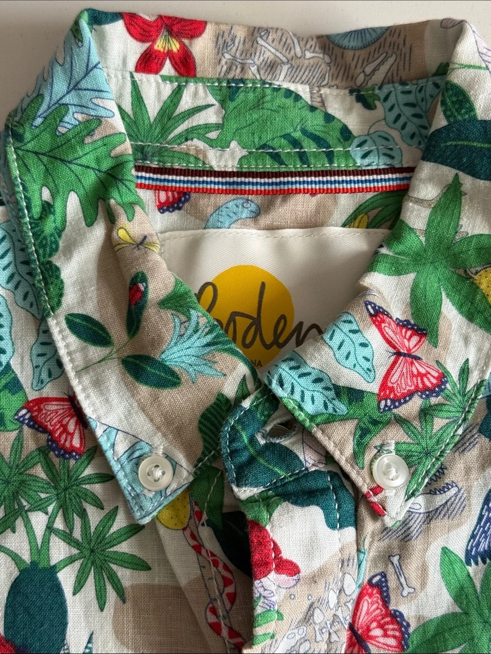 Mini Boden Dinosaur Tropical Linen Short-Sleeve Button-Down Sz 13-14, 164 cm EUC - Picture 3 of 8